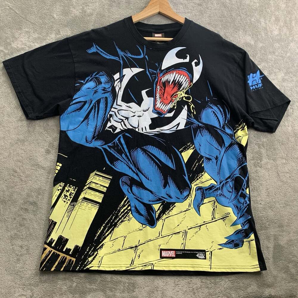 HUF x Marvel Comics Shirt Men XL Venom AOP Symbiote Spider-Man Y2K Black Graphic